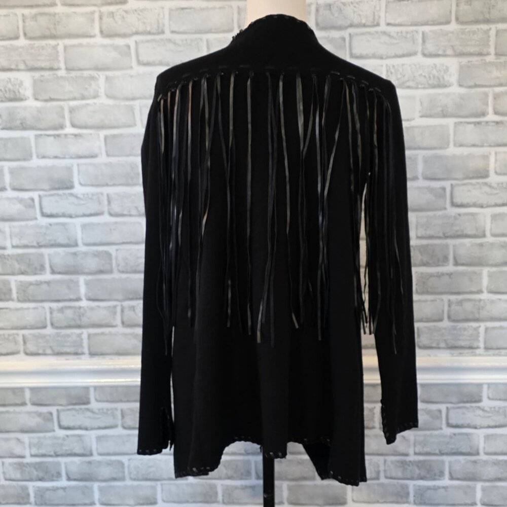 Ariat Trenton Faux Leather Fringe Open Front Waterfall Cardigan Black NEW M - Picture 2 of 8